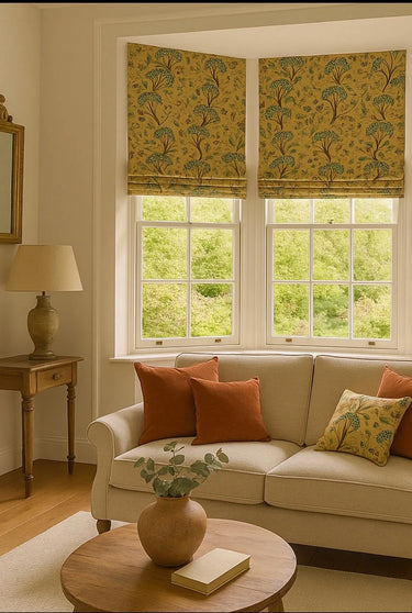 Elegant living room with custom Roman blinds and decorative pillow crafted from Golden Cypress mustard botanical fabric, styled with a neutral beige sofa, terracotta cushions, and natural wood decor — ideal for boho, vintage, or Mediterranean-inspired interiors
